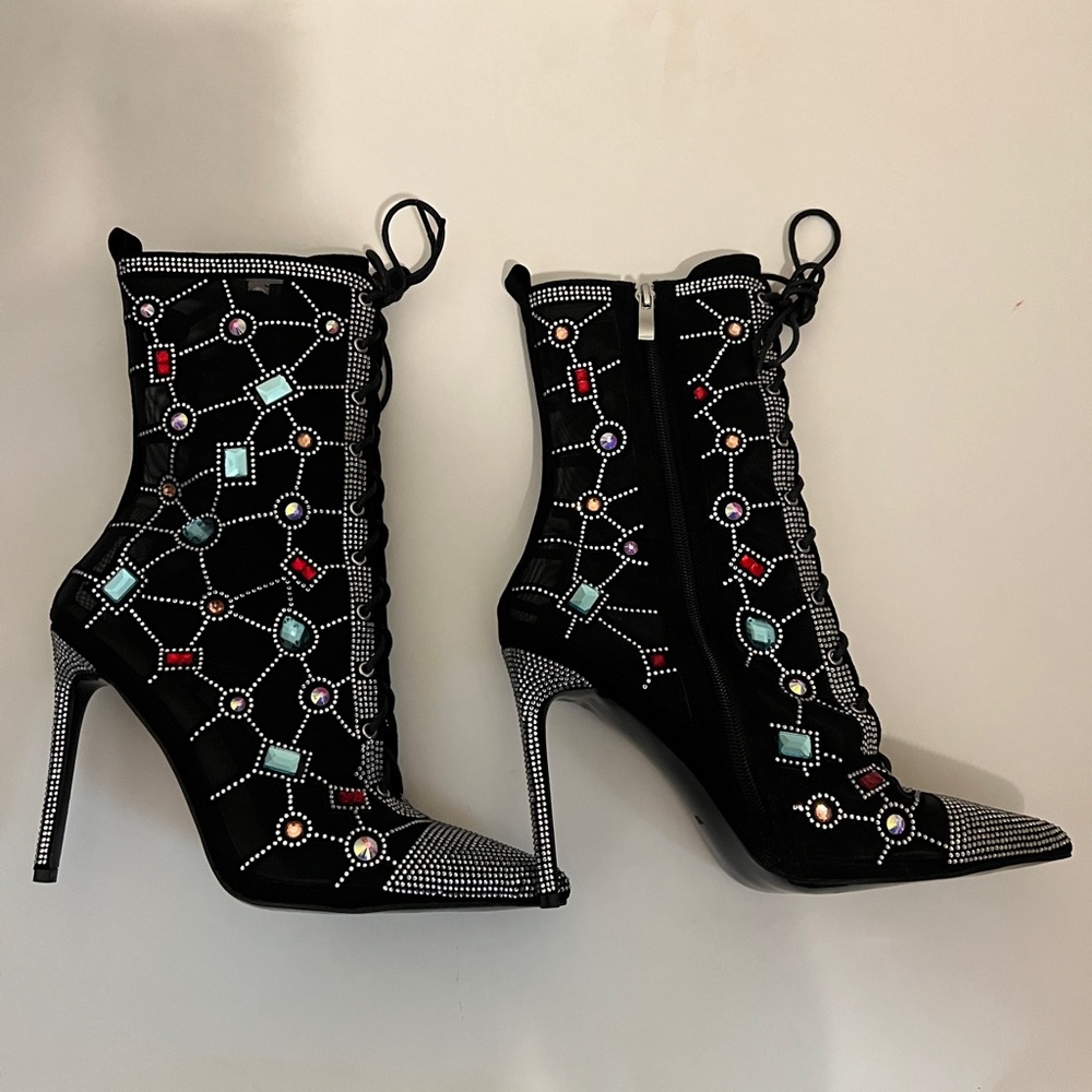 Brand New Azalea Wang GEM Black Mesh Jewel Bootie Heels, 10 - Picture 8 of 8
